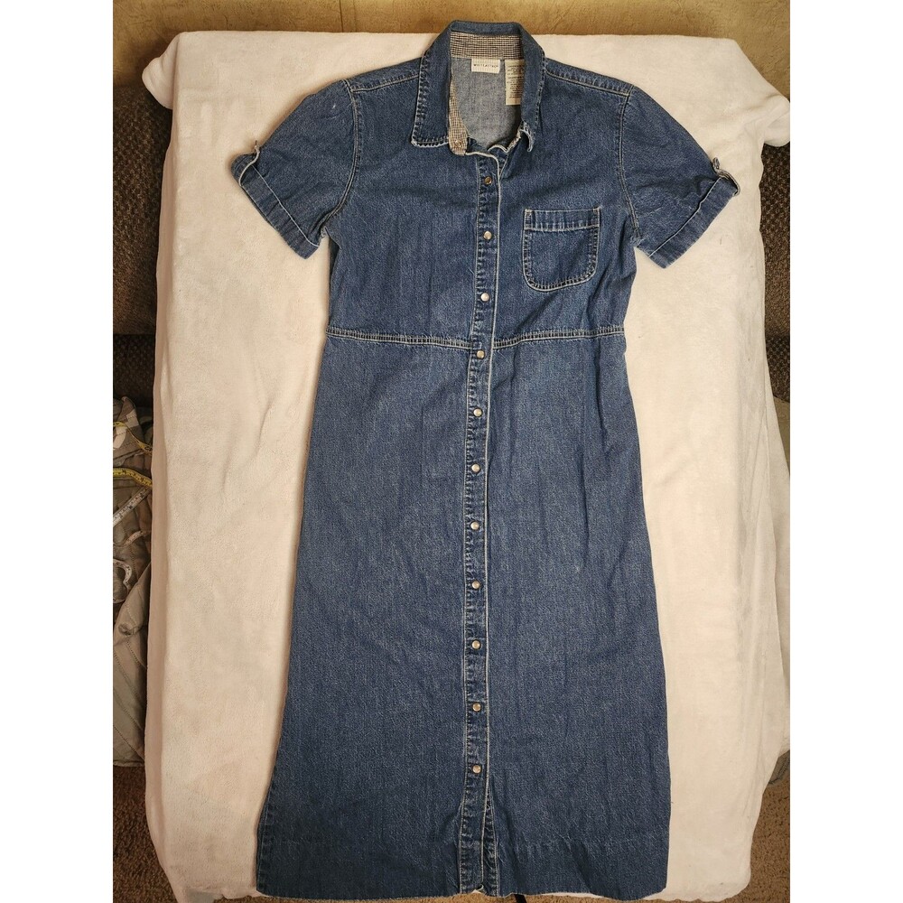 Vintage White Stag Denim Maxi Dress Gingham Collar Snap Button Front Blue Cotton